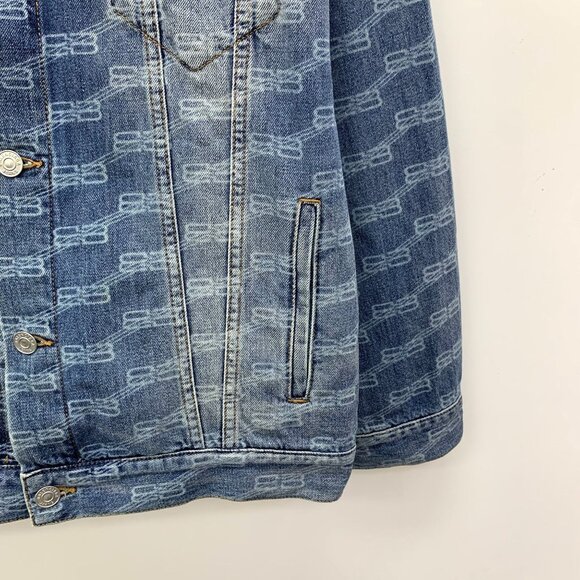 Balenciaga S Blue Logo Printed Washed Denim Jacket Unifit Cotton Single-Breasted - Picture 5 of 7